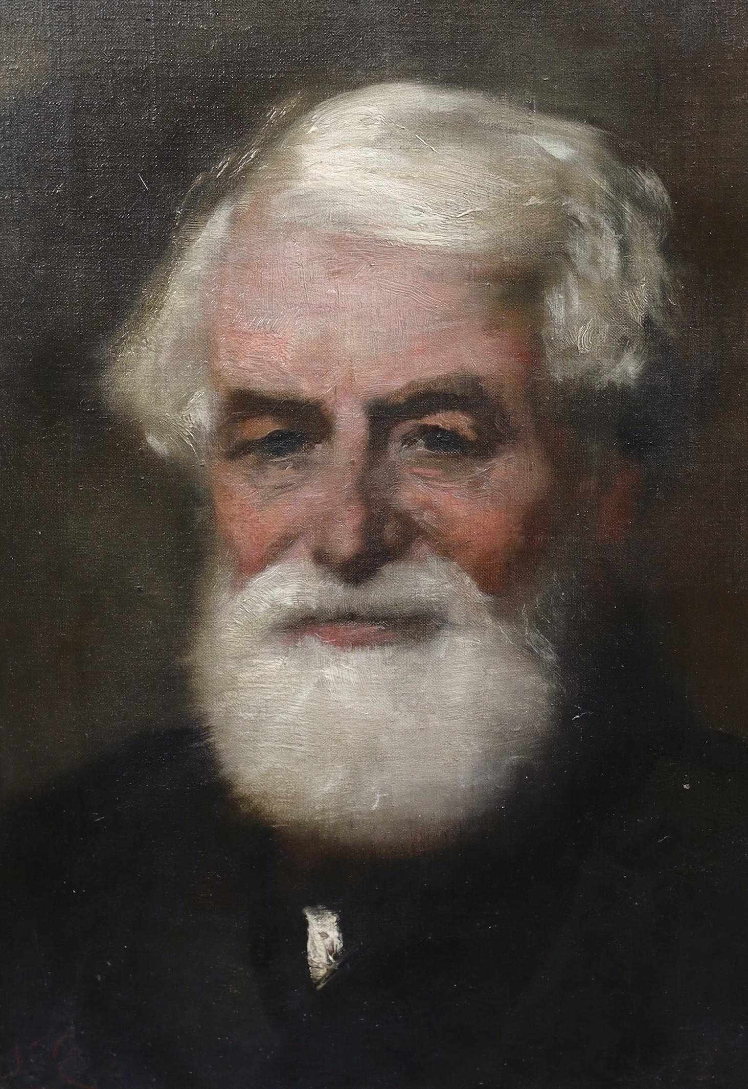 James Elder Christie (Scottish, 1847-1914), oil on canvas, Portrait of Richard Carte (1808-1891), English flute-maker, flautist and composer, monogrammed and dated '85, 34 x 24cm